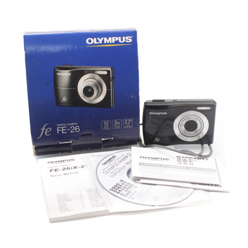 Фотоаппарат «OLYMPUS Fe-26/x-21», 12 пикселей, рабочий, в коробке с документами, загрузочным диском, картой памяти и батарейками
