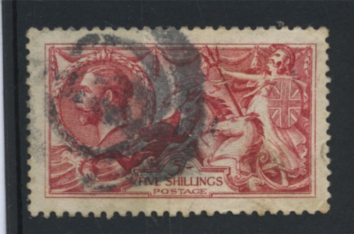 Прошедшая почту марка 5 шиллингов "Король Георг V". редкая 1915