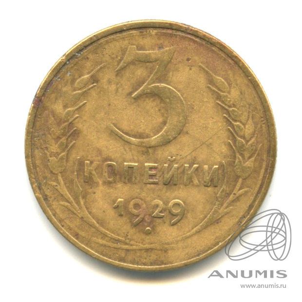 3 копейки 1929 — Венок 7 лент. Круговая надпись