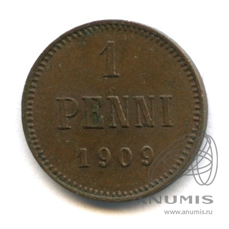 1 пенни 1909 — Для Финляндии. Вензель Николая II