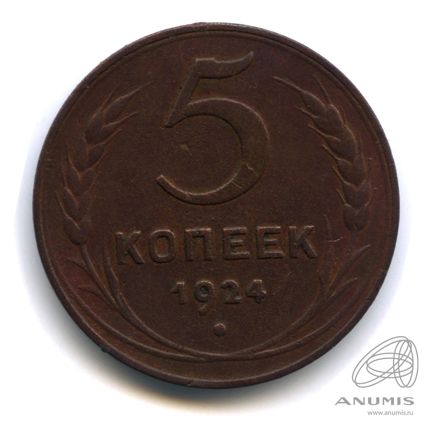 5 копеек 1924 — Гурт гладкий. На Николаевском кружке. Земной шар выпуклый (Земной шар плоский)