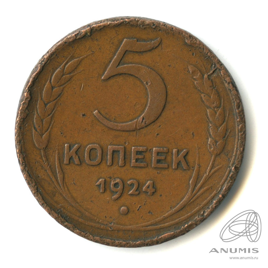 5 копеек 1924 — Гурт гладкий. На Николаевском кружке. Земной шар плоский (Земной шар плоский)