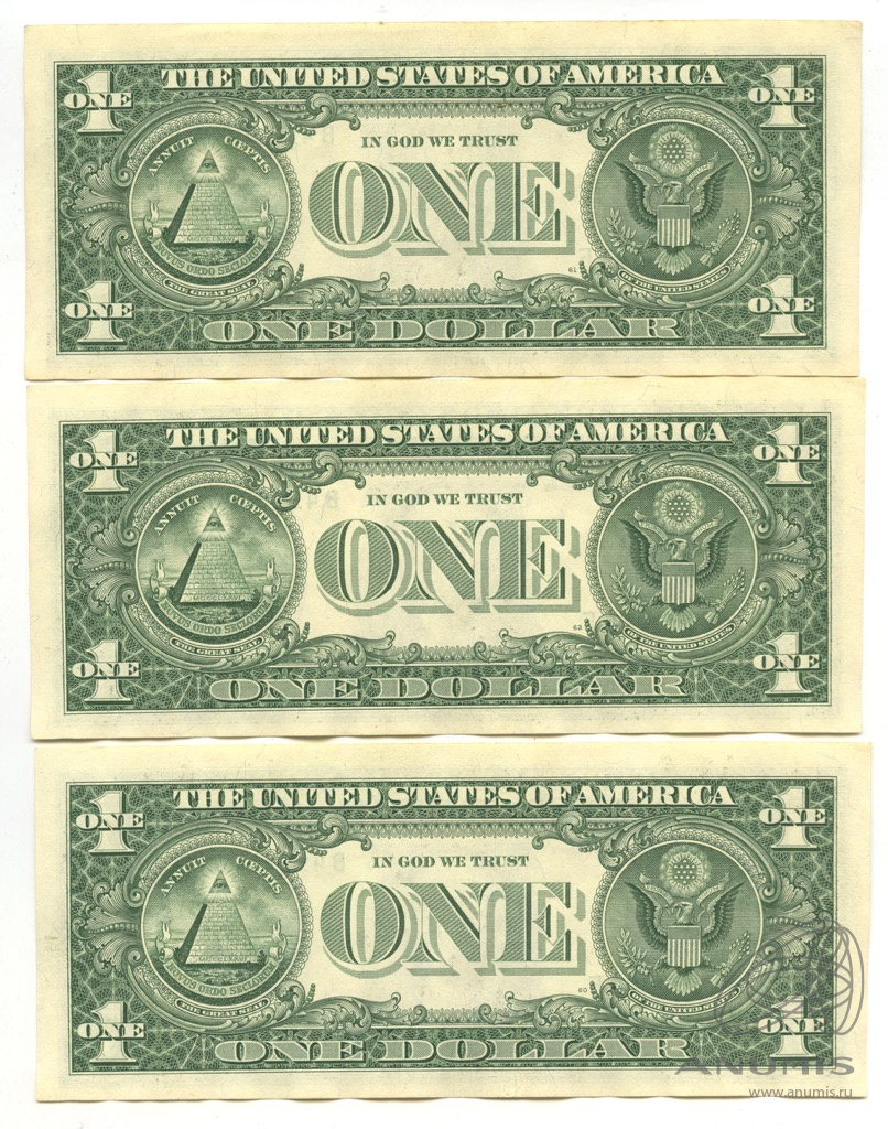 Лот банкнот «1 доллар 2009 «Серия В. Номера подряд». 3 шт». США. Лот №3542.  Аукцион №239. – ANUMIS