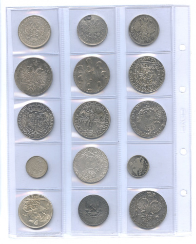 Лот копий монет, 13 шт. 2 настоящие: 1 рубль 1897 г и 5 копеек 1830 г. Всего 15 шт