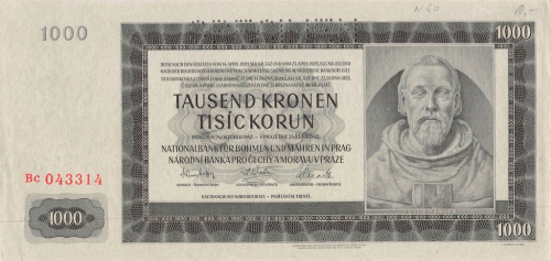 1000 крон. «Specimen» ОБРАЗЕЦ — с горизонтальной перфорацией. Германская оккупация Чехословакии. 1942