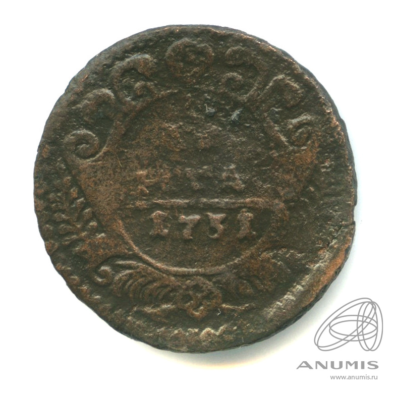 Деньга 1731 — (½ копейки) - Орел 1730 г. Над годом 1 черта. R (Над годом 1 черта)