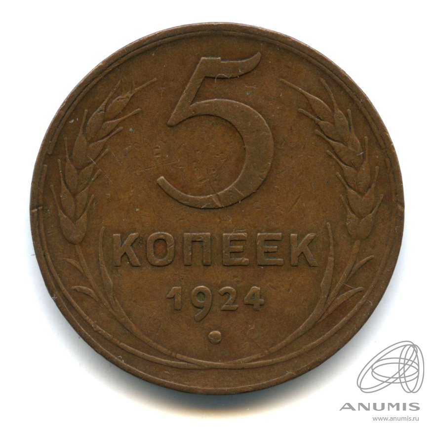 5 копеек 1924 — Гурт гладкий. На Николаевском кружке. Земной шар выпуклый (Земной шар плоский)