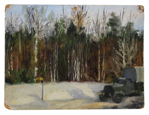 Картина «Пейзаж с грузовиком». Масло. Размер 33,5×25 см