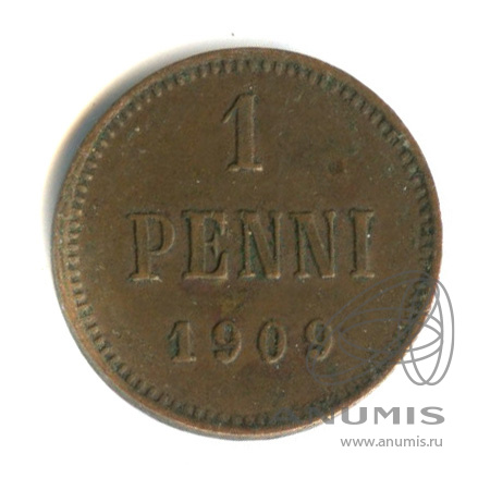 1 пенни 1909 — Для Финляндии. Вензель Николая II