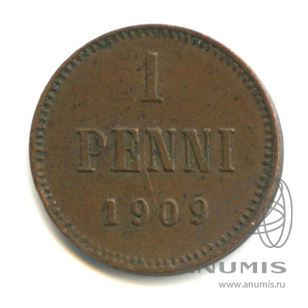 1 пенни 1909 — Для Финляндии. Вензель Николая II