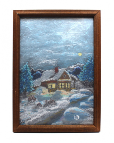 Картина «Зимний пейзаж», масляная пастель. В рамке. 22×33 см