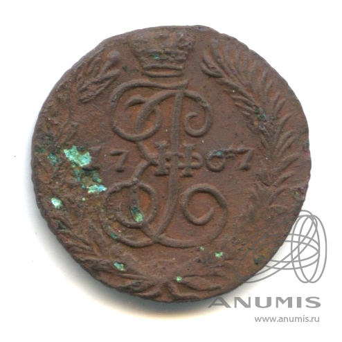 Полушка (¼ копейки) 1767 ЕМ — (¼ копейки) - Вензель императрицы Екатерины II Великой