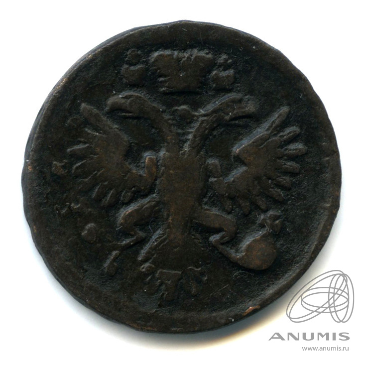 Деньга 1731 — (½ копейки) - Орел 1730 г. Над годом 2 черты. перечекан из копейки Петра I (Над годом 2 черты)