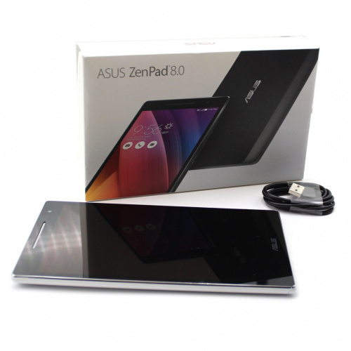 Планшет «ASUS ZenPad 8.0». С кабелем. Без зарядного устройства. Размер 21×12 см. Рабочий. Поверхность задней стороны с потертостями. В коробке