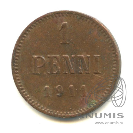 1 пенни 1911 — Для Финляндии. Вензель Николая II