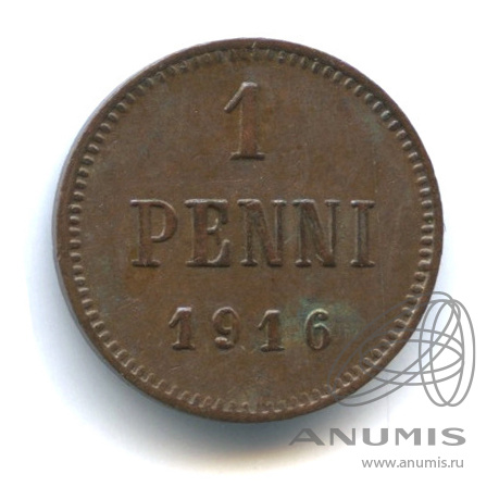 1 пенни 1916 — Для Финляндии. Вензель Николая II