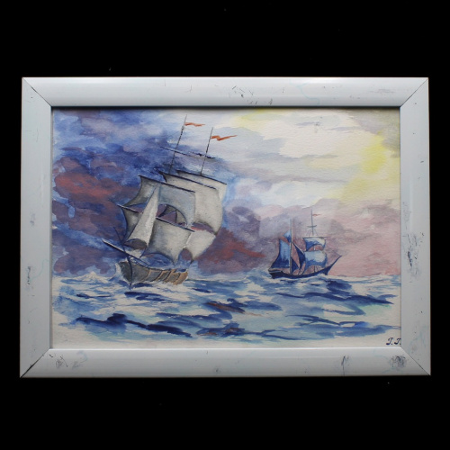 Картина «Парусники в синеве». Акварель. За стеклом. Размер 25×34 см