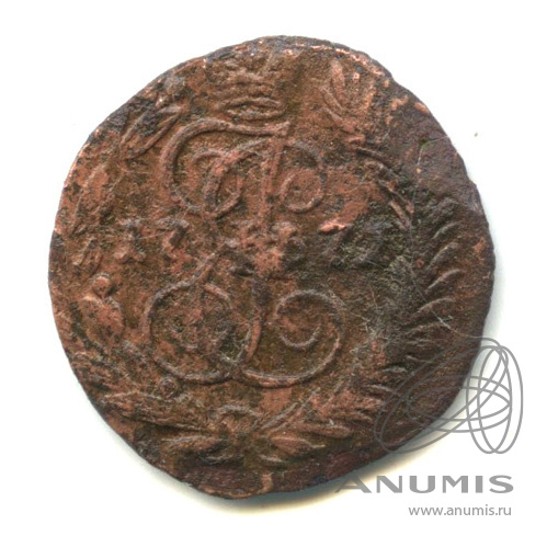 Полушка (¼ копейки) 1771 ЕМ — (¼ копейки) - Вензель императрицы Екатерины II Великой. В капсуле