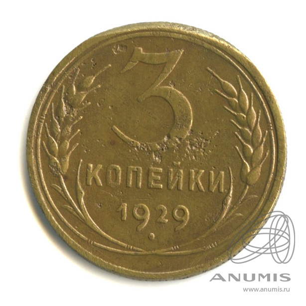 3 копейки 1929 — Венок 7 лент. Круговая надпись