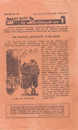 Антифашистская листовка-пропуск в плен. Есть две Германии. Размер 14×23,5 см. На русском и немецком 1942