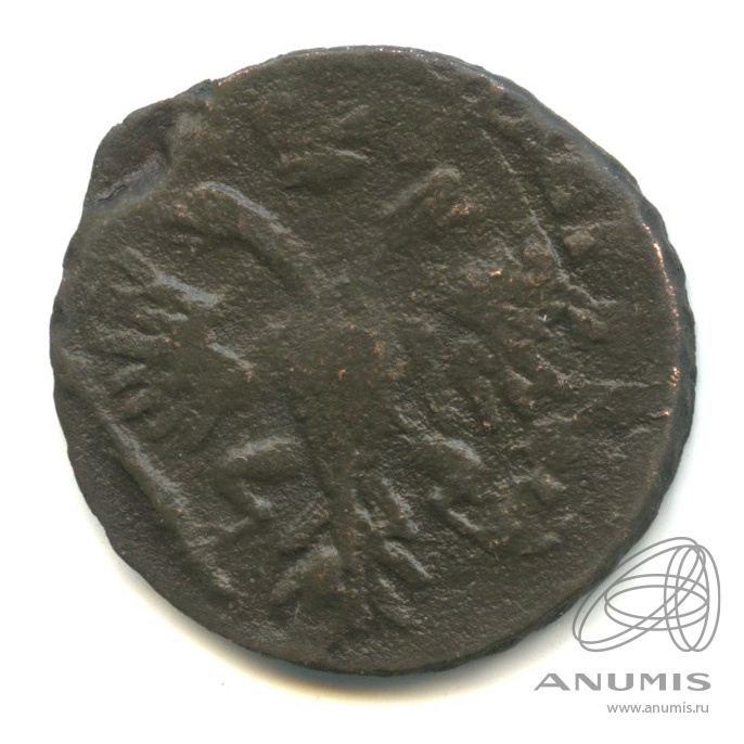 Деньга 1731 — (½ копейки) - Орел 1730 г. Над годом 2 черты. Перечекан из петровской копейки (Над годом 2 черты)