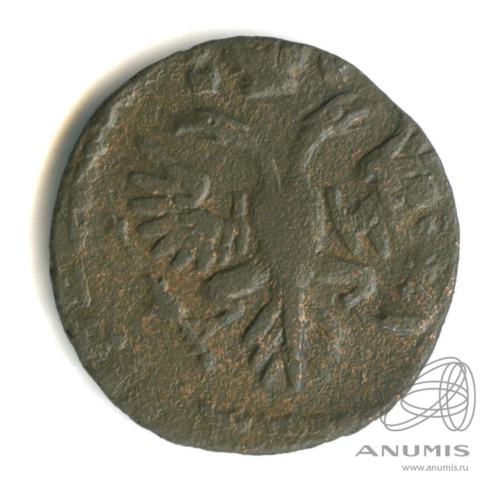 Деньга 1731 — (½ копейки) - Орел 1730 г. Над годом нет черты. Перечекан на петровской копейке (Над годом нет черты)