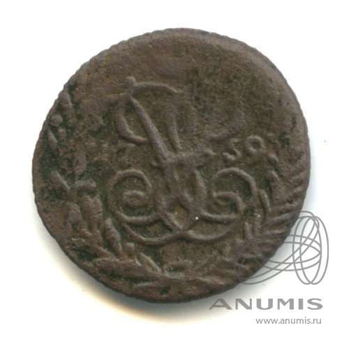 Полушка (¼ копейки) 1759 — (¼ копейки) - Вензель императрицы Елизаветы. Петров-3 рубля, Ильин-1 рубль. Редкость - R1