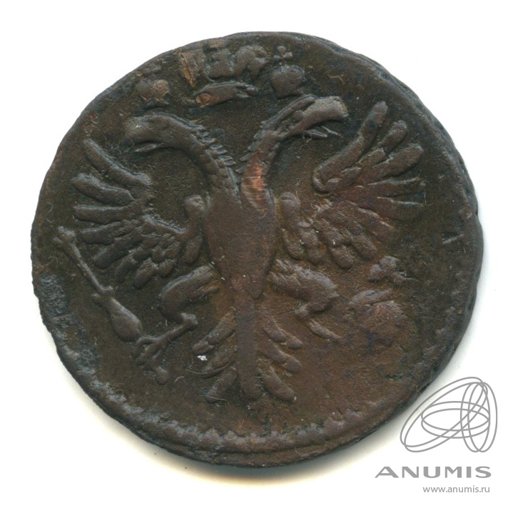 Деньга 1731 — (½ копейки) - Орел 1730 г. Над годом 2 черты. В капсуле. Перечекан с копейки Петра (Над годом 2 черты)