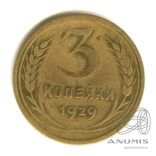 3 копейки 1929 — Венок 7 лент. Круговая надпись