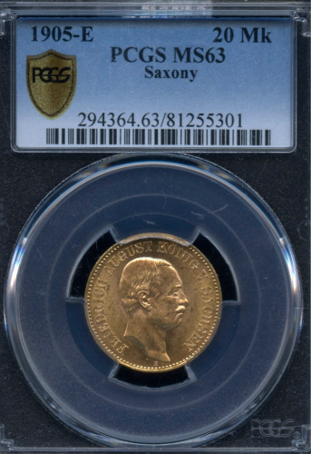 20 марок 1905 Е. в слабе PCGS MS63