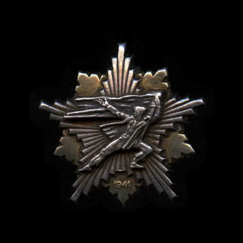 Знак «Партизанский знак 1941 г». Крепление: винт. Тяжелый. Серебро, позолота. Номерной