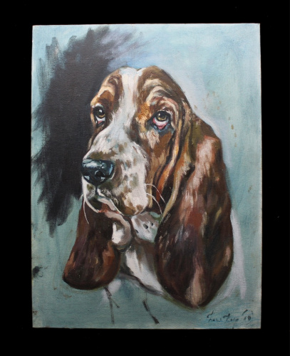 Картина «Бассет-хаунд». Холст, картон, краски. 30×40 см. Подпись художника
