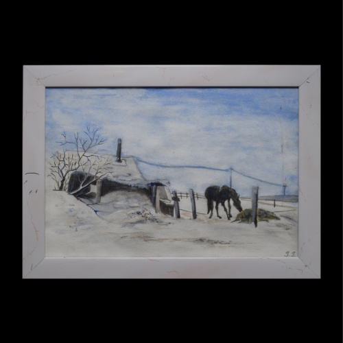 Картина «На конюшне». Автор: Галина Гусева. Акварель. Размер 34×25 см