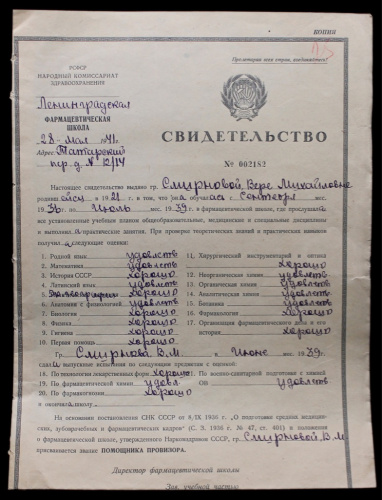 Свидетельство об окончании школы 1941