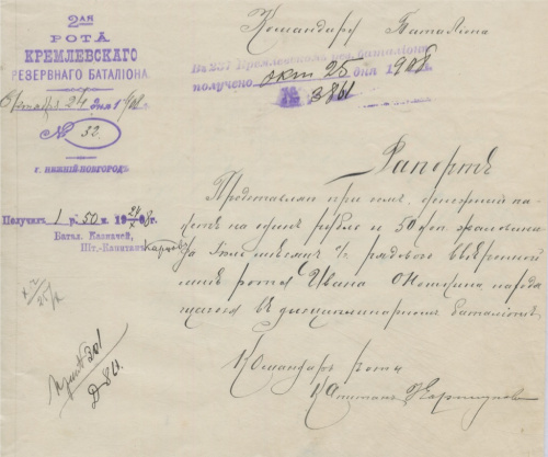 Денежный документ. 2-ая рота Кремлевского резервного батальона 1908