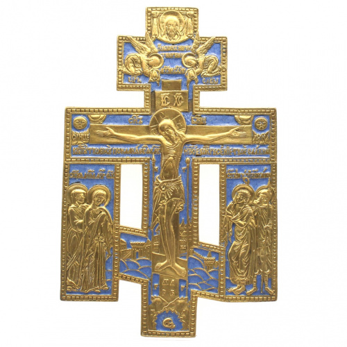 Крест-распятие. Бронза. Голубая эмаль. Размер 14,5×22,5 см