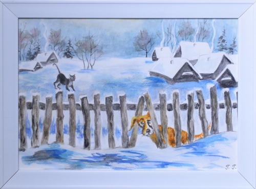 Картина «За забором». Автор: Галина Гусева. Акварель, бумага. Размер 34×25 см