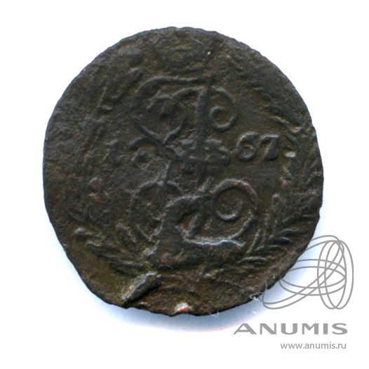 Полушка (¼ копейки) 1767 ЕМ — (¼ копейки) - Вензель императрицы Екатерины II Великой. В капсуле