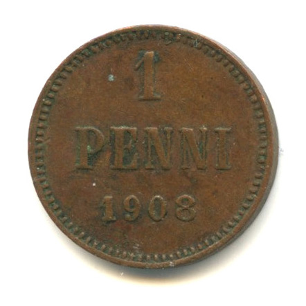 1 пенни — Для Финляндии. Вензель Николая II 1908