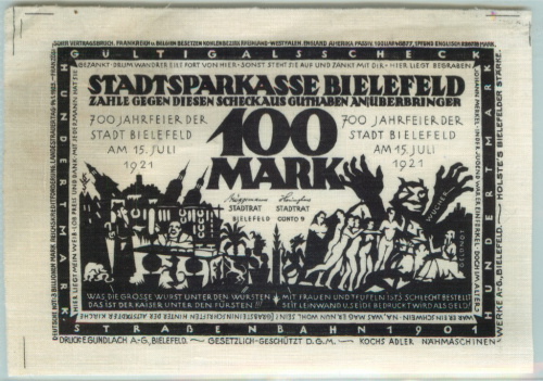 100 марок 1921. Билефельд. На ткани
