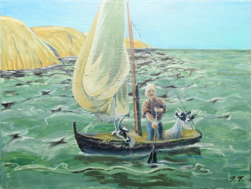 Картина «Трое в лодке». Автор: Галина Гусева. Масло, холст. Размер 40×30 см