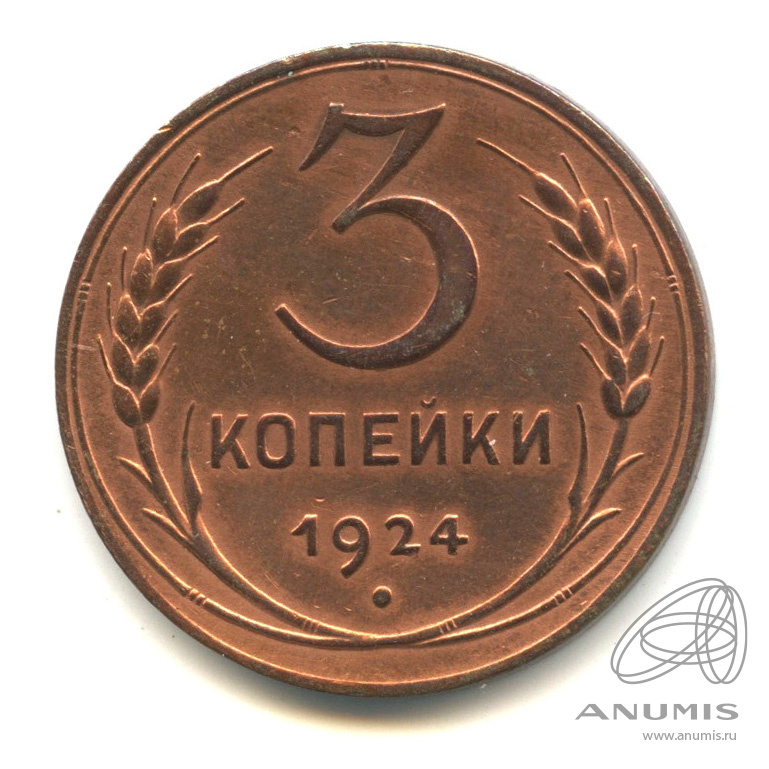 3 копейки 1924 — Гурт гладкий. На Николаевском кружке. В капсуле