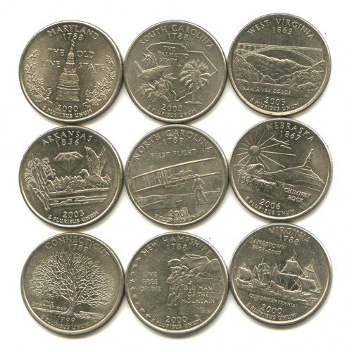 Лот монет «25 центов». 9 шт 2000−2007