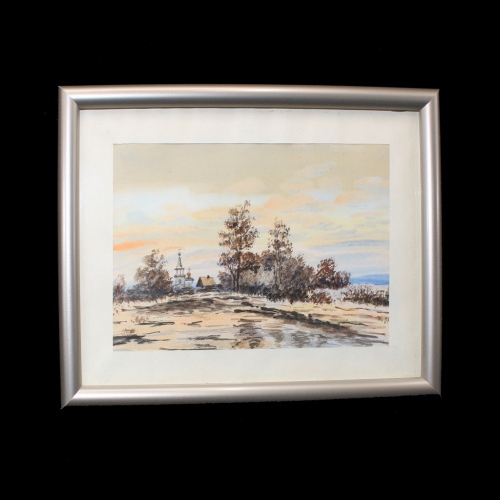 Картина пейзаж в технике акварели. Автор Вольваг А.Е. Размер 20×26 см. В раме. С подписью автора. 24. 01. 95