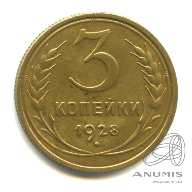 3 копейки 1928 — Венок 7 лент. Круговая надпись