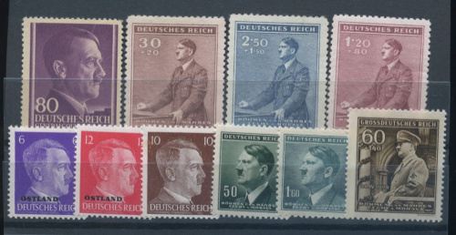 Лот негашёных марок «Адольф Гитлер» 10 шт, ** 1941−1944
