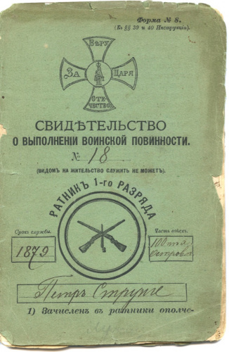 Свидетельство о выполнении воинской повинности Петра Струнге 1879