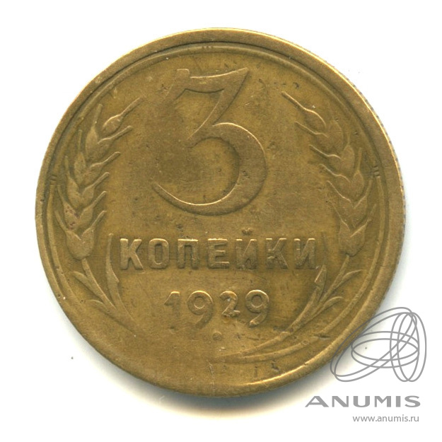 3 копейки 1929 — Венок 7 лент. Круговая надпись
