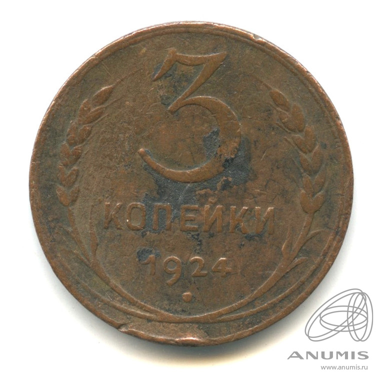3 копейки 1924 — Гурт гладкий. На Николаевском кружке