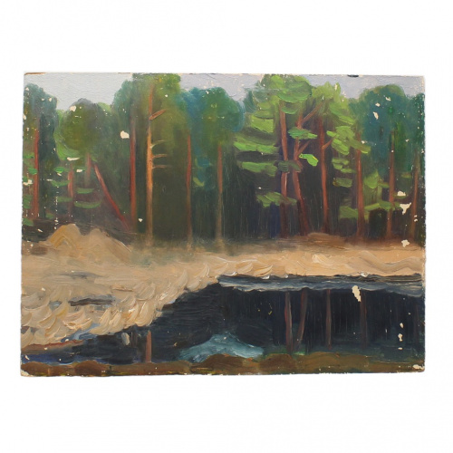 Картина «Лесное озеро». Масло. Картон. Художник Лебедев. Размер 35×26 см 1984
